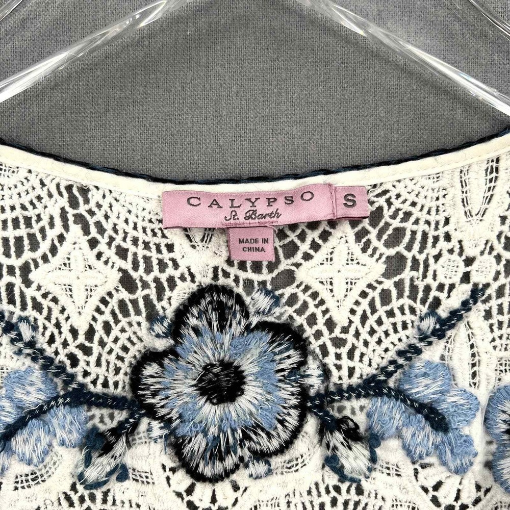 CALYPSO ST BARTH Crochet Embroider Top Women Small White Blue Boho Floral Retro - Picture 9 of 16